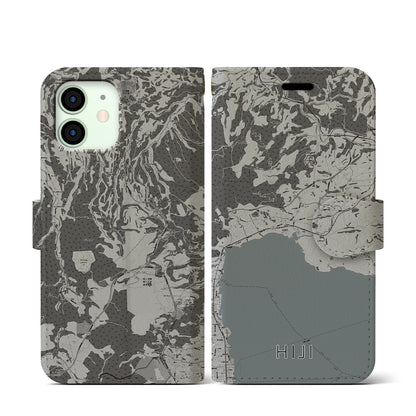 【日出（大分県）】地図柄iPhoneケース（手帳タイプ）モノトーン・iPhone 12 mini 用