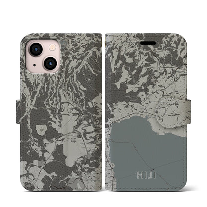 【日出（大分県）】地図柄iPhoneケース（手帳タイプ）モノトーン・iPhone 13 mini 用