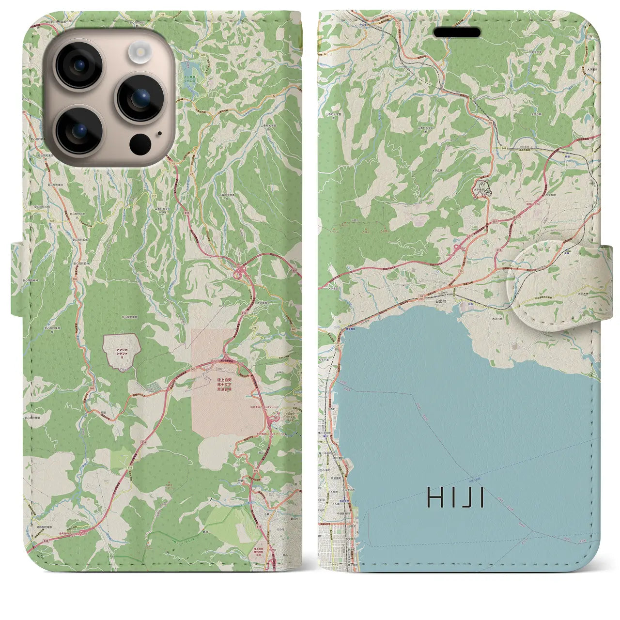 【日出（大分県）】地図柄iPhoneケース（手帳タイプ）ナチュラル・iPhone 16 Plus 用