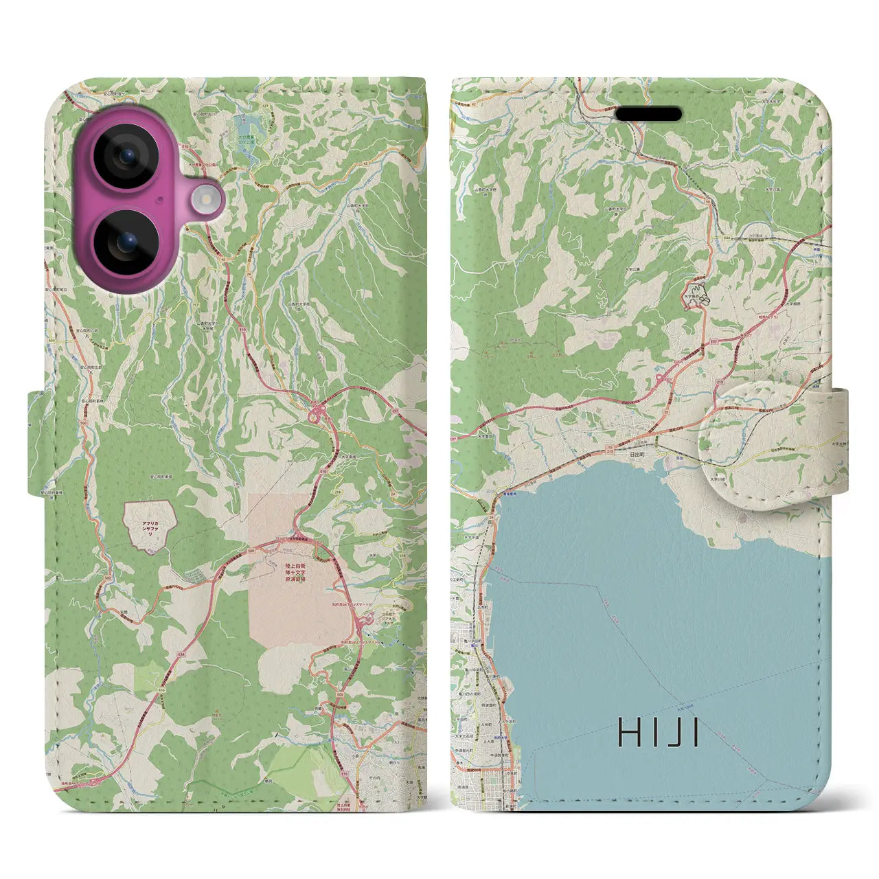 【日出（大分県）】地図柄iPhoneケース（手帳タイプ）ナチュラル・iPhone 16 Pro 用