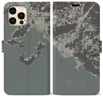 【光（山口県）】地図柄iPhoneケース（手帳タイプ）モノトーン・iPhone 12 Pro Max 用