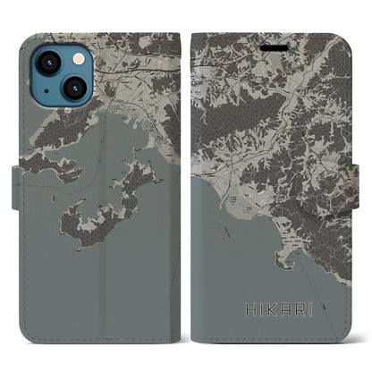 【光（山口県）】地図柄iPhoneケース（手帳タイプ）モノトーン・iPhone 13 用