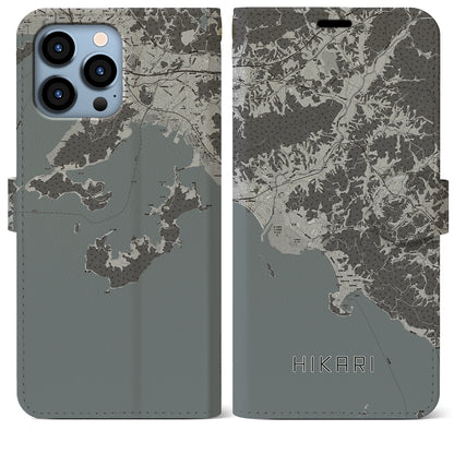 【光（山口県）】地図柄iPhoneケース（手帳タイプ）モノトーン・iPhone 13 Pro Max 用