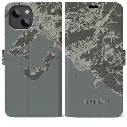 【光（山口県）】地図柄iPhoneケース（手帳タイプ）モノトーン・iPhone 14 Plus 用