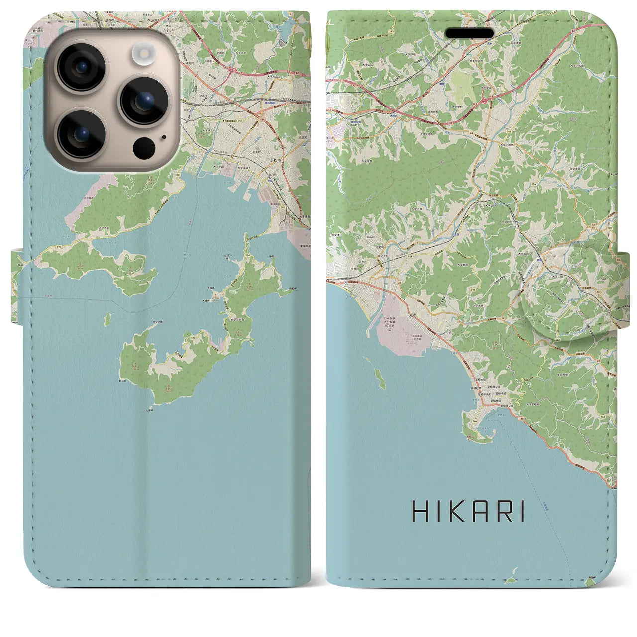 【光（山口県）】地図柄iPhoneケース（手帳タイプ）ナチュラル・iPhone 16 Plus 用