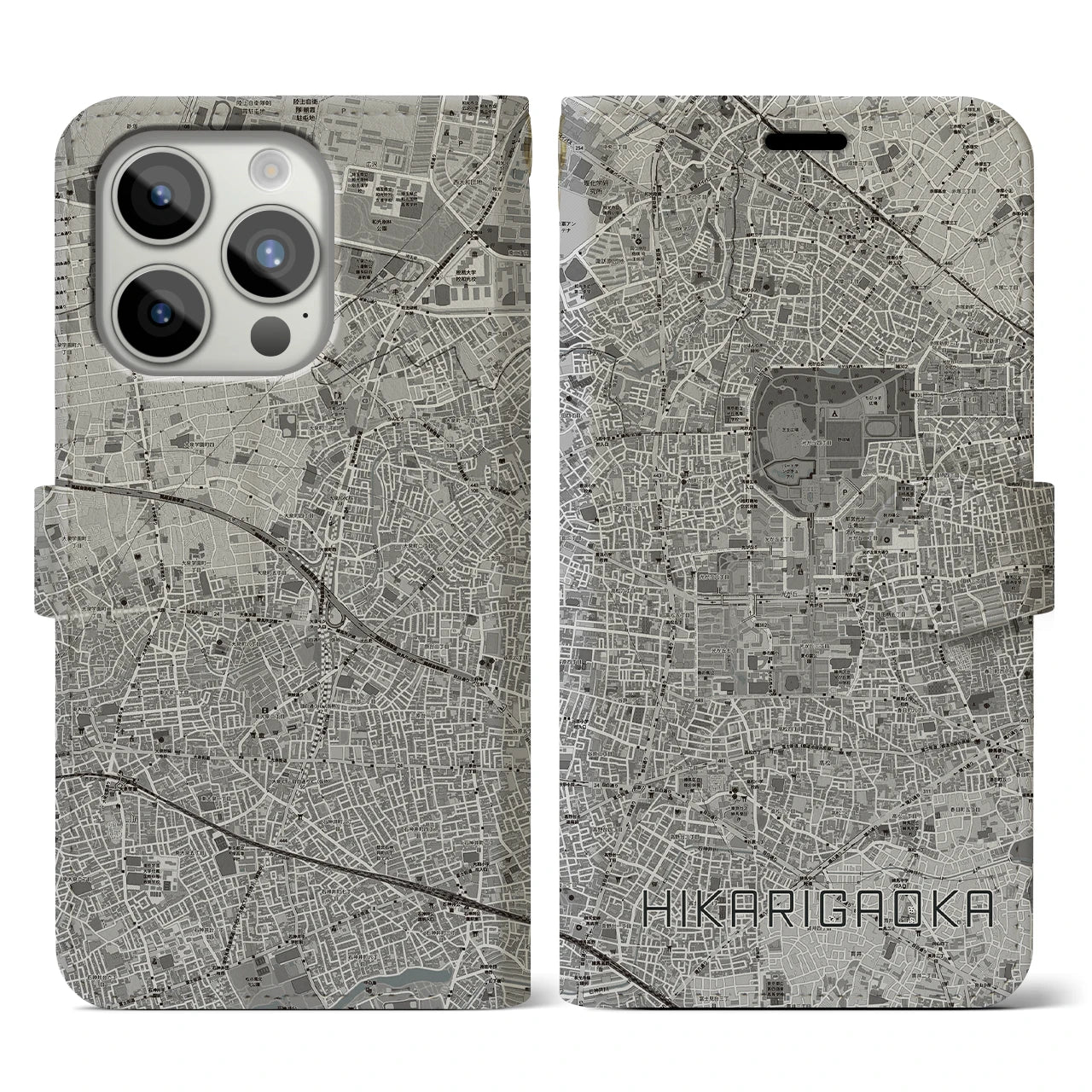 【光が丘】地図柄iPhoneケース（手帳両面タイプ・モノトーン）iPhone 15 Pro 用