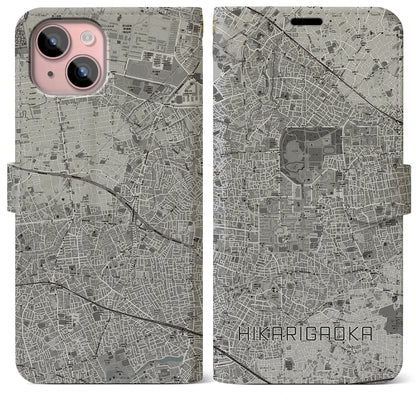 【光が丘（東京都）】地図柄iPhoneケース（手帳タイプ）モノトーン・iPhone 15 Plus 用