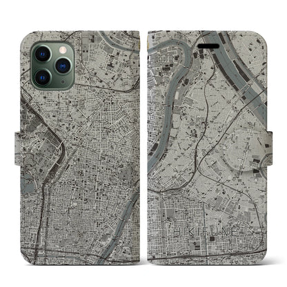 【曳舟（東京都）】地図柄iPhoneケース（手帳タイプ）モノトーン・iPhone 11 Pro 用