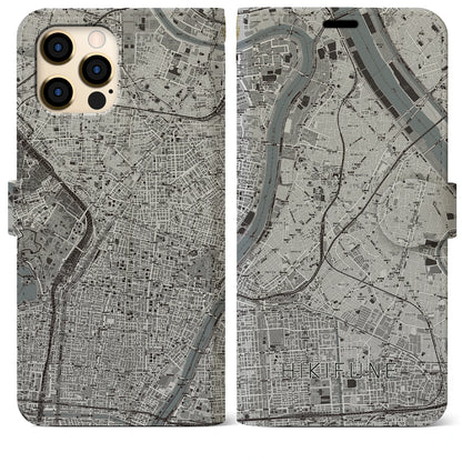 【曳舟（東京都）】地図柄iPhoneケース（手帳タイプ）モノトーン・iPhone 12 Pro Max 用