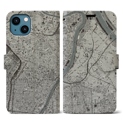 【曳舟（東京都）】地図柄iPhoneケース（手帳タイプ）モノトーン・iPhone 13 用