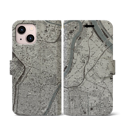 【曳舟（東京都）】地図柄iPhoneケース（手帳タイプ）モノトーン・iPhone 13 mini 用