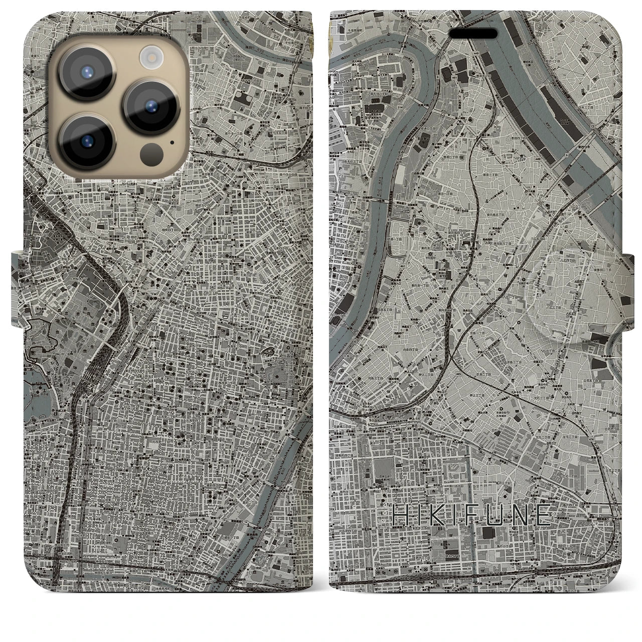 【曳舟】地図柄iPhoneケース（手帳両面タイプ・モノトーン）iPhone 14 Pro Max 用