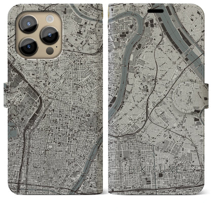 【曳舟（東京都）】地図柄iPhoneケース（手帳タイプ）モノトーン・iPhone 14 Pro Max 用