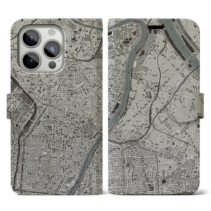 【曳舟（東京都）】地図柄iPhoneケース（手帳タイプ）モノトーン・iPhone 15 Pro 用