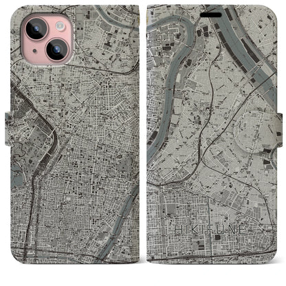 【曳舟（東京都）】地図柄iPhoneケース（手帳タイプ）モノトーン・iPhone 15 Plus 用