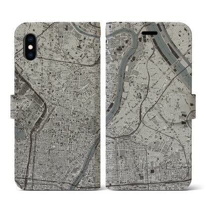 【曳舟（東京都）】地図柄iPhoneケース（手帳タイプ）モノトーン・iPhone XS / X 用