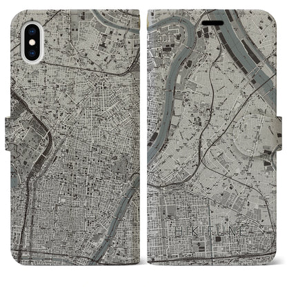 【曳舟（東京都）】地図柄iPhoneケース（手帳タイプ）モノトーン・iPhone XS Max 用