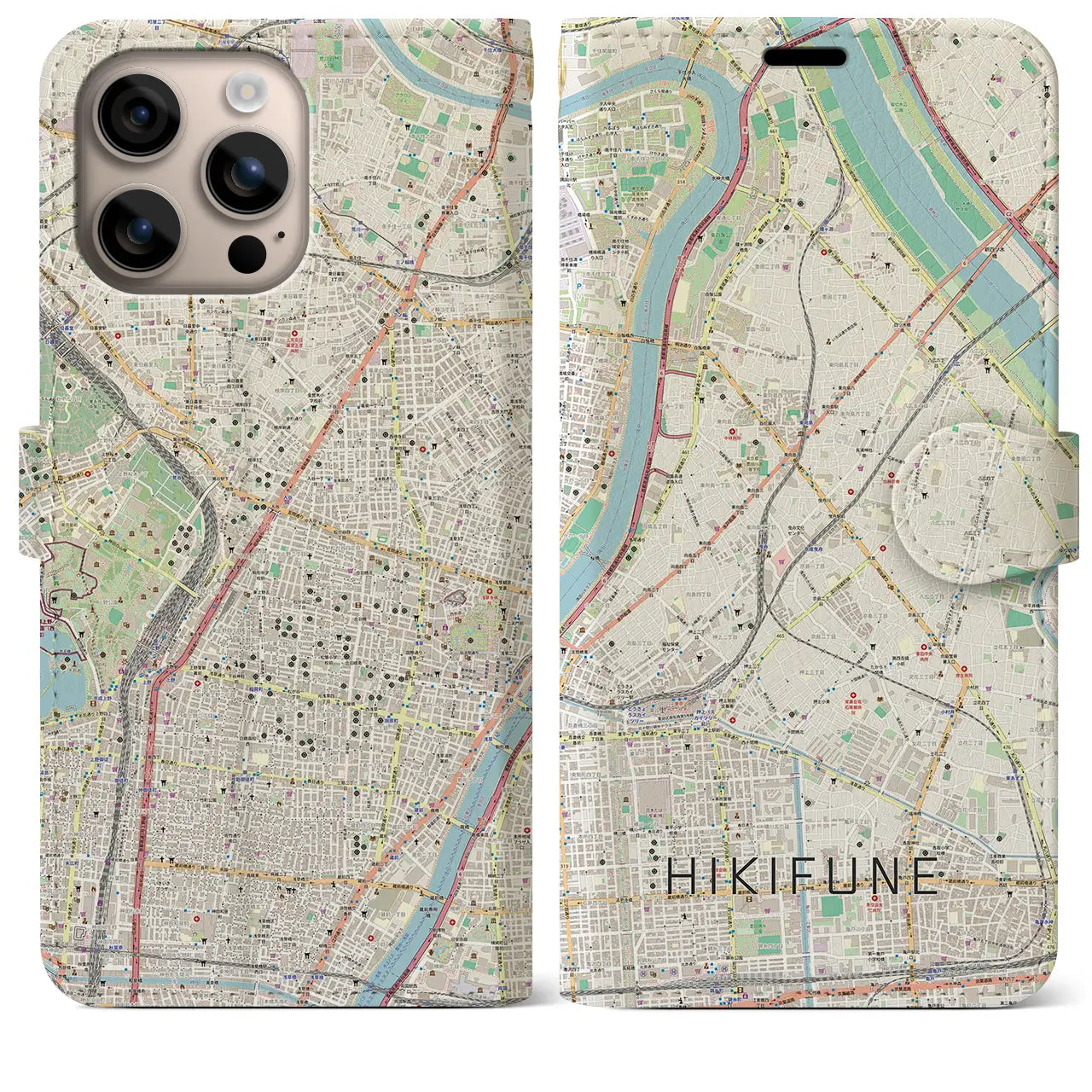 【曳舟（東京都）】地図柄iPhoneケース（手帳タイプ）ナチュラル・iPhone 16 Plus 用