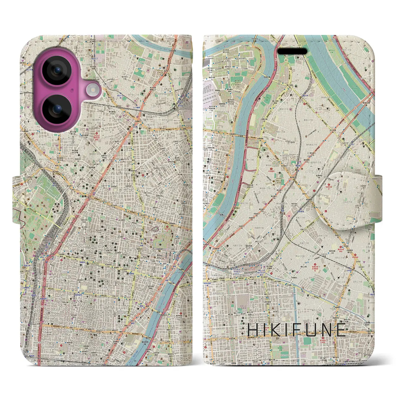 【曳舟（東京都）】地図柄iPhoneケース（手帳タイプ）ナチュラル・iPhone 16 Pro 用