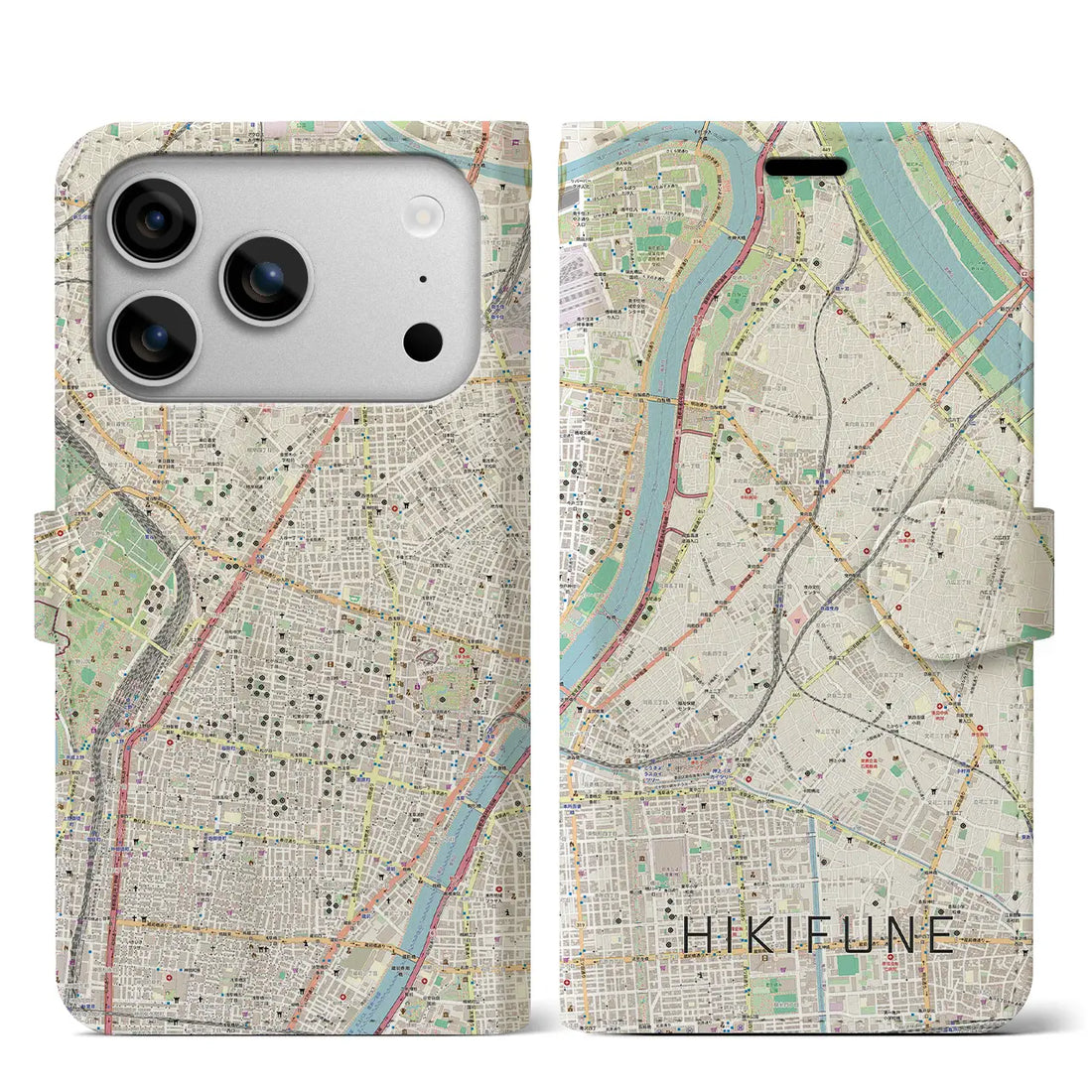 【曳舟(東京都)】地図柄iPhoneケース(手帳タイプ)ナチュラル・iPhone 17 Pro Max 用