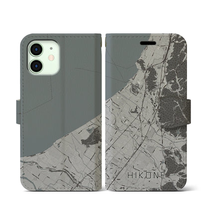 【彦根（滋賀県）】地図柄iPhoneケース（手帳タイプ）モノトーン・iPhone 12 mini 用