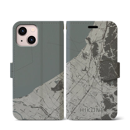 【彦根（滋賀県）】地図柄iPhoneケース（手帳タイプ）モノトーン・iPhone 13 mini 用