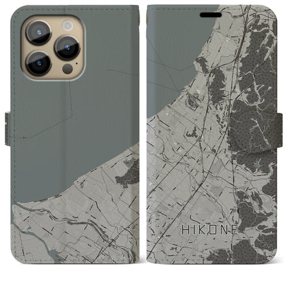 【彦根（滋賀県）】地図柄iPhoneケース（手帳タイプ）モノトーン・iPhone 14 Pro Max 用