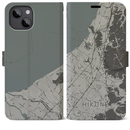 【彦根（滋賀県）】地図柄iPhoneケース（手帳タイプ）モノトーン・iPhone 14 Plus 用