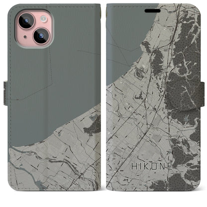 【彦根（滋賀県）】地図柄iPhoneケース（手帳タイプ）モノトーン・iPhone 15 Plus 用