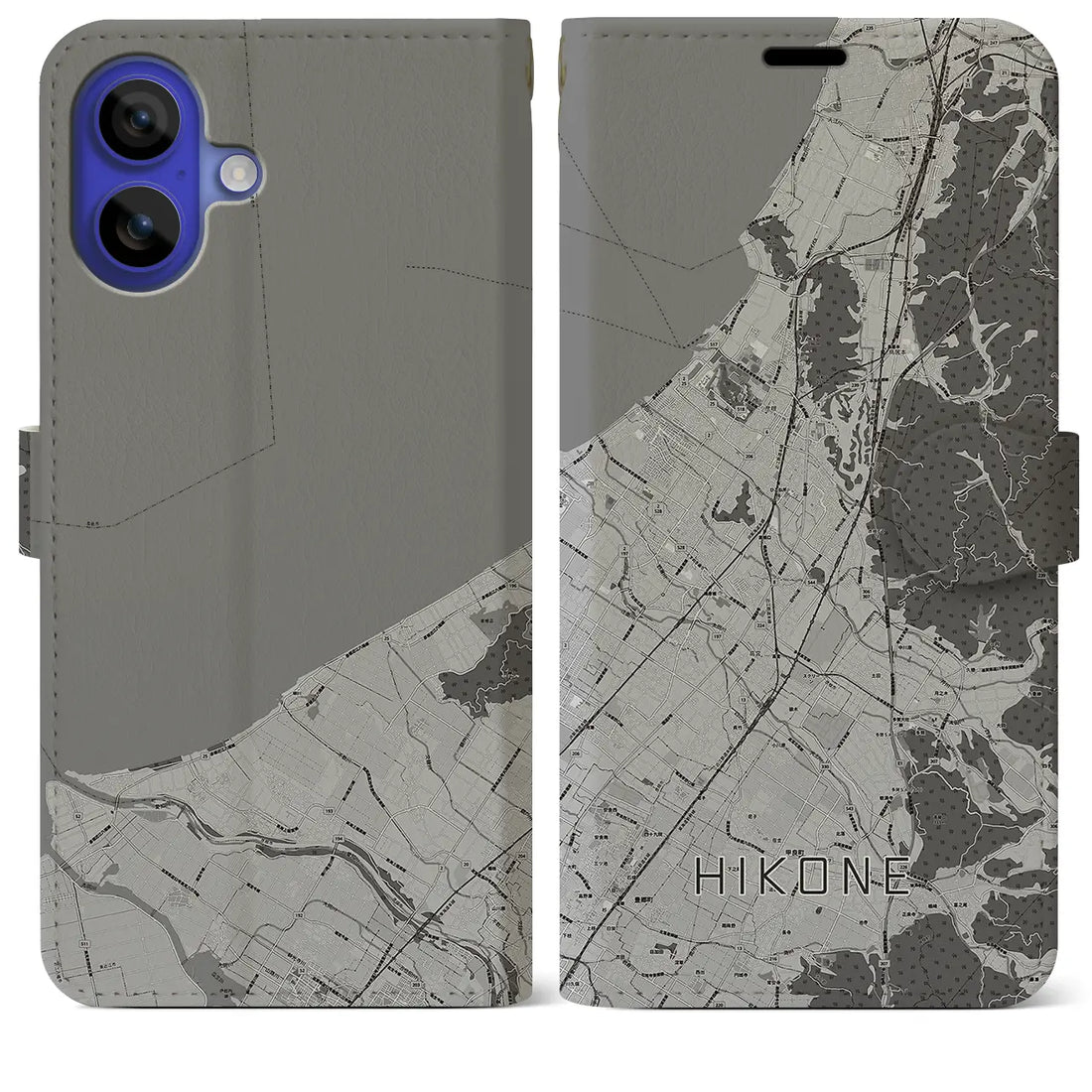 【彦根(滋賀県)】地図柄iPhoneケース(手帳タイプ)モノトーン・iPhone 16 Pro Max 用