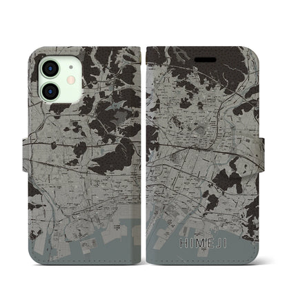 【姫路（兵庫県）】地図柄iPhoneケース（手帳タイプ）モノトーン・iPhone 12 mini 用