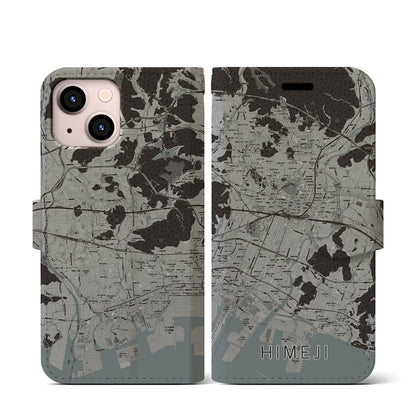 【姫路（兵庫県）】地図柄iPhoneケース（手帳タイプ）モノトーン・iPhone 13 mini 用