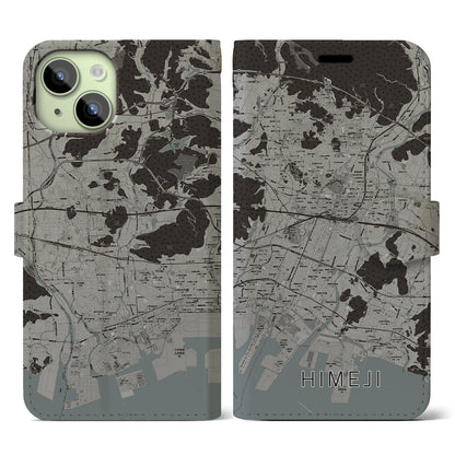【姫路（兵庫県）】地図柄iPhoneケース（手帳タイプ）モノトーン・iPhone 15 用