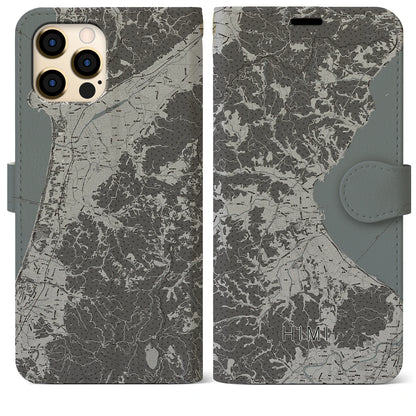 【氷見（富山県）】地図柄iPhoneケース（手帳タイプ）モノトーン・iPhone 12 Pro Max 用