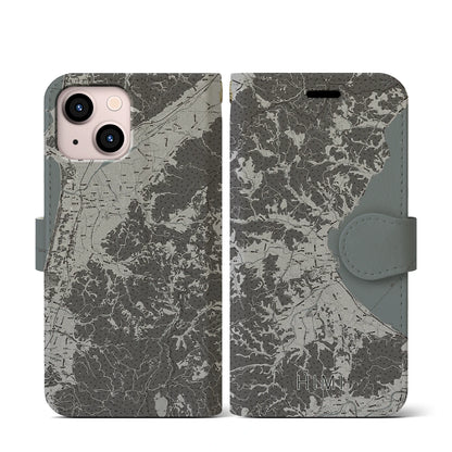 【氷見（富山県）】地図柄iPhoneケース（手帳タイプ）モノトーン・iPhone 13 mini 用