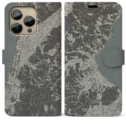 【氷見（富山県）】地図柄iPhoneケース（手帳タイプ）モノトーン・iPhone 14 Pro Max 用