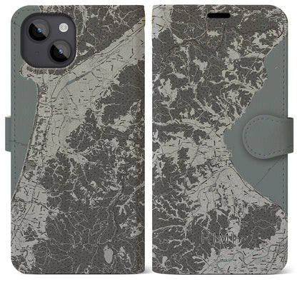 【氷見（富山県）】地図柄iPhoneケース（手帳タイプ）モノトーン・iPhone 14 Plus 用