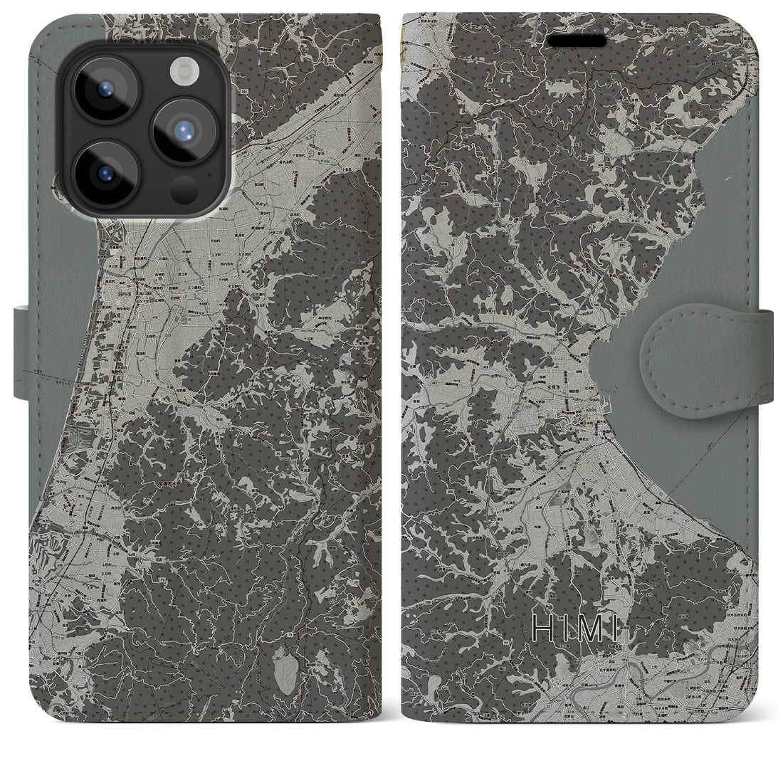 【氷見】地図柄iPhoneケース（手帳両面タイプ・モノトーン）iPhone 15 Pro Max 用