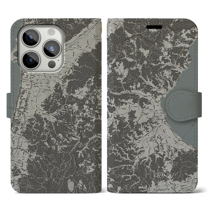 【氷見（富山県）】地図柄iPhoneケース（手帳タイプ）モノトーン・iPhone 15 Pro 用