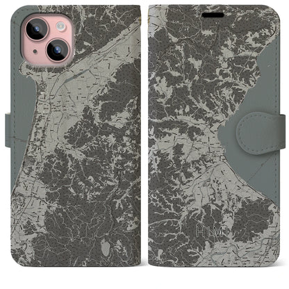 【氷見（富山県）】地図柄iPhoneケース（手帳タイプ）モノトーン・iPhone 15 Plus 用