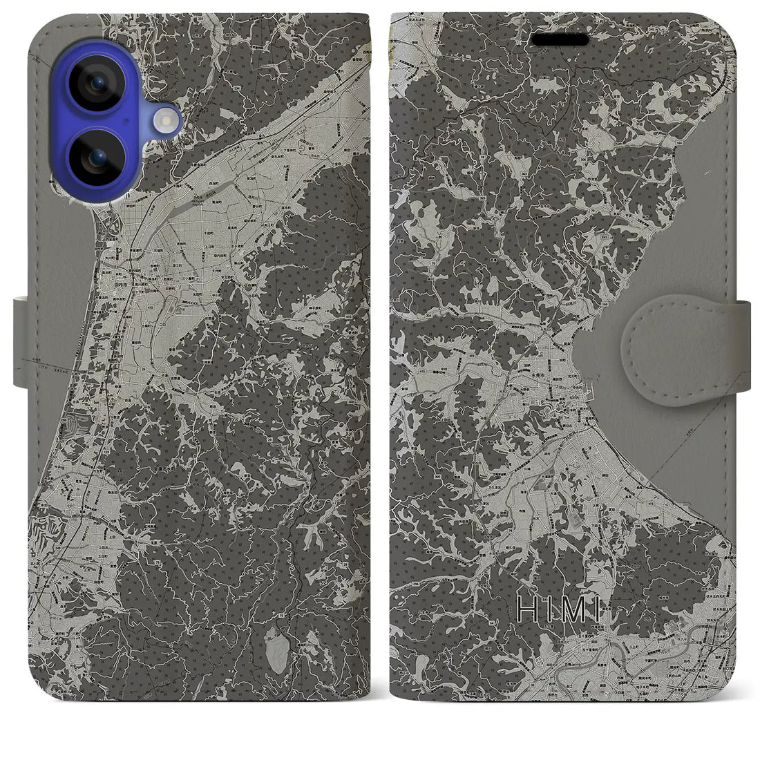 【氷見(富山県)】地図柄iPhoneケース(手帳タイプ)モノトーン・iPhone 16 Pro Max 用