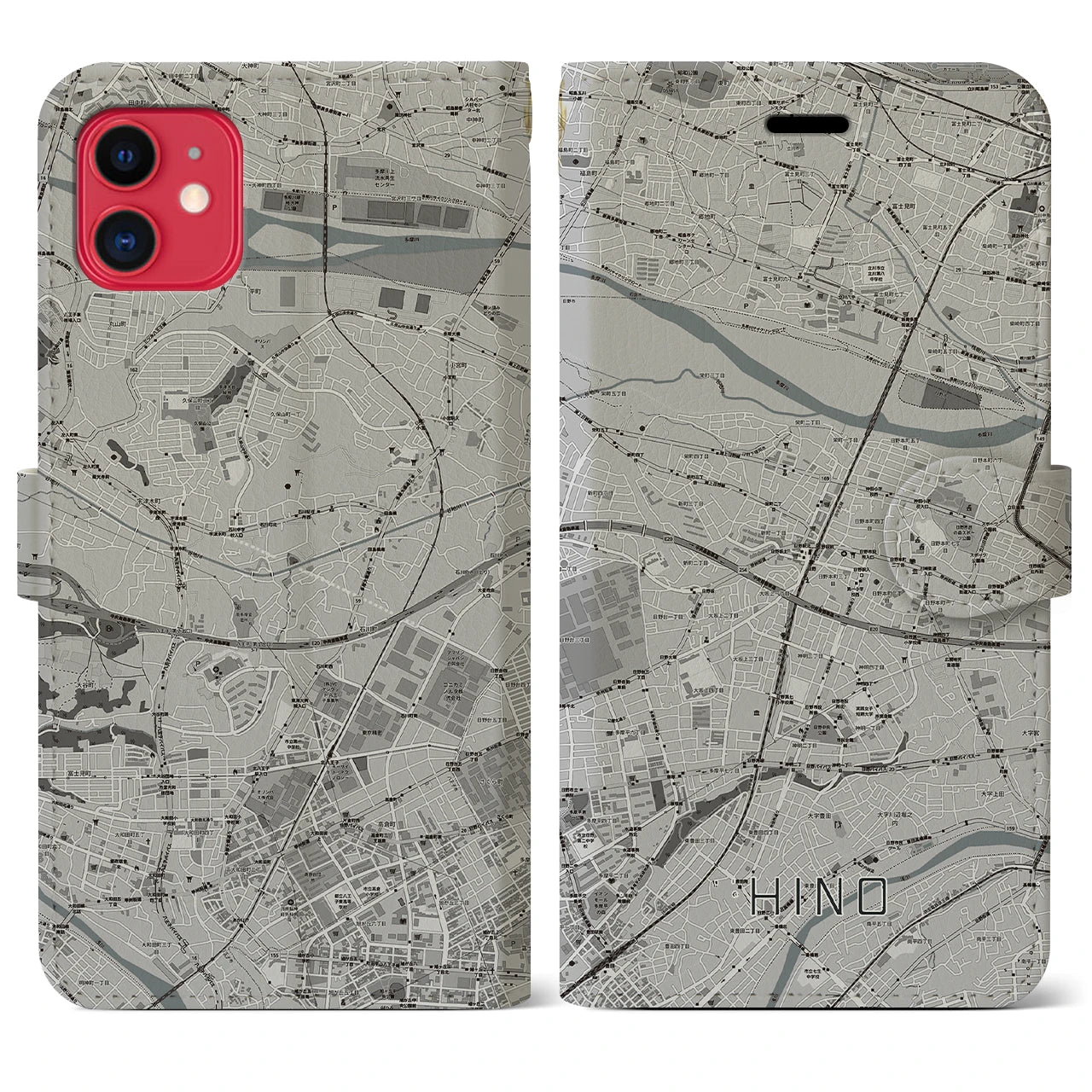 【日野】地図柄iPhoneケース（手帳両面タイプ・モノトーン）iPhone 11 用
