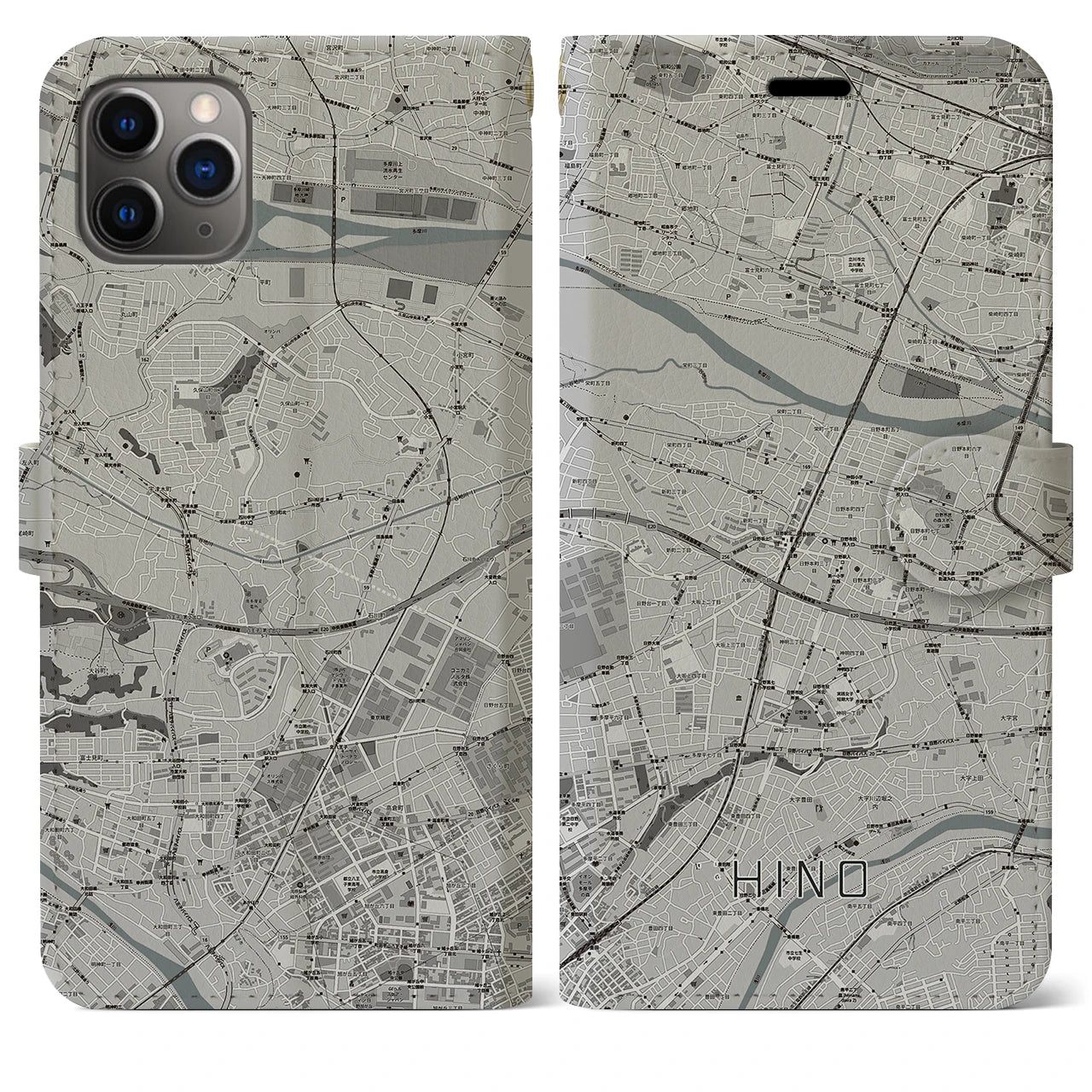 【日野】地図柄iPhoneケース（手帳両面タイプ・モノトーン）iPhone 11 Pro Max 用