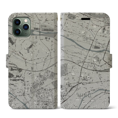 【日野（東京都）】地図柄iPhoneケース（手帳タイプ）モノトーン・iPhone 11 Pro 用