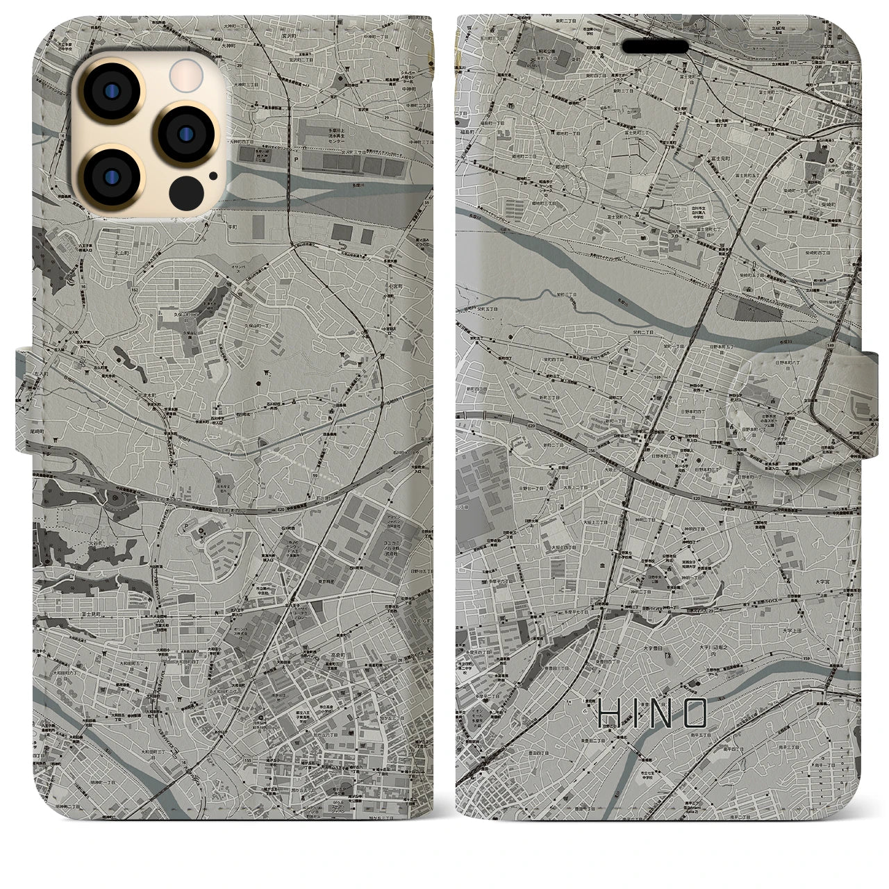 【日野】地図柄iPhoneケース（手帳両面タイプ・モノトーン）iPhone 12 Pro Max 用