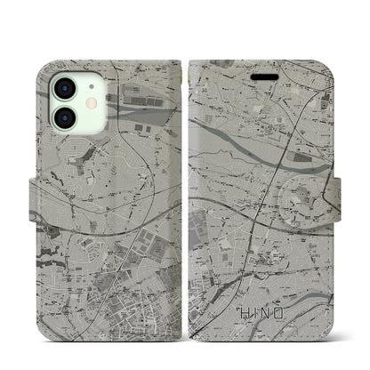 【日野（東京都）】地図柄iPhoneケース（手帳タイプ）モノトーン・iPhone 12 mini 用