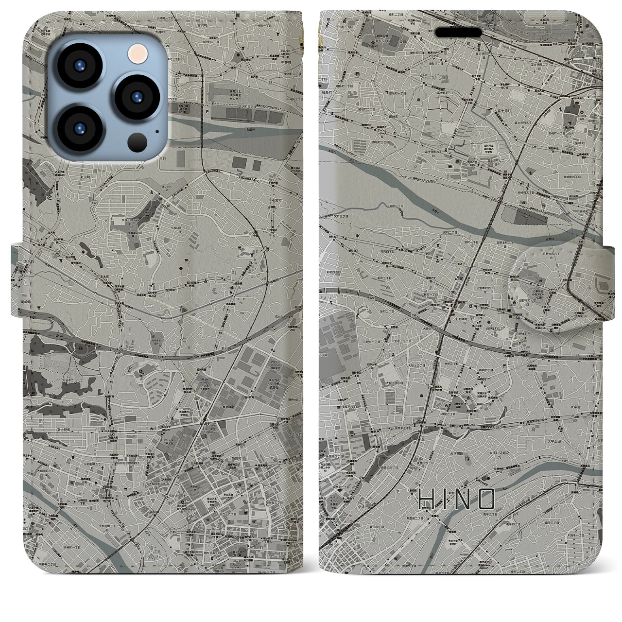 【日野】地図柄iPhoneケース（手帳両面タイプ・モノトーン）iPhone 13 Pro Max 用