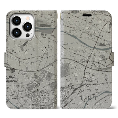 【日野（東京都）】地図柄iPhoneケース（手帳タイプ）モノトーン・iPhone 13 Pro 用