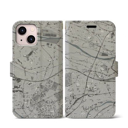 【日野（東京都）】地図柄iPhoneケース（手帳タイプ）モノトーン・iPhone 13 mini 用