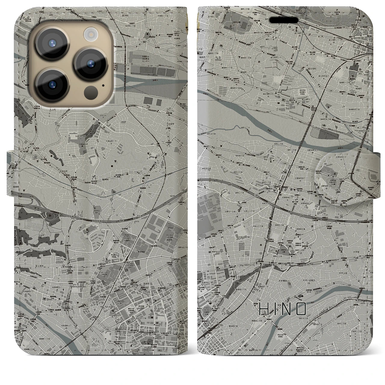 【日野】地図柄iPhoneケース（手帳両面タイプ・モノトーン）iPhone 14 Pro Max 用